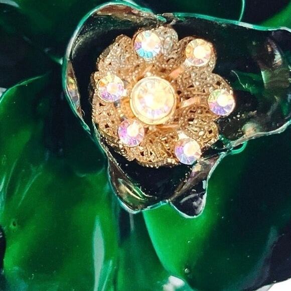 VTG 1960s Brooch Green Enamel Flower AB Rhinestones Gold Tone Mid Century Pin - Picture 8 of 13